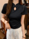 Summer 2025 New Style New Chinese-Style Hollow-Out Short-Sleeve Base Shirt, Improved Cheongsam with Button Closure, Short Fashionable Versatile Top