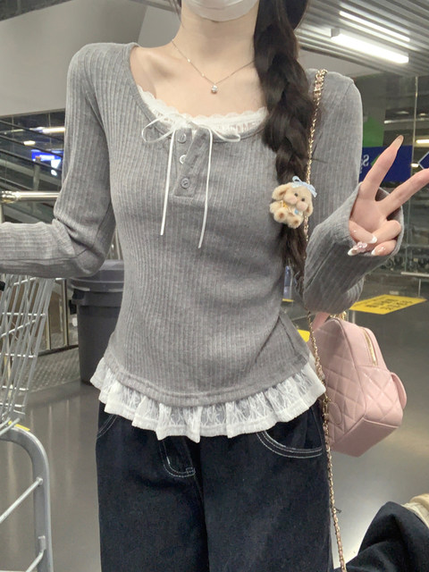 Korean Style Elegant and Unique Long-Sleeved T-Shirt for Women 2025 Autumn Lace Fake Two-Piece Bow Tie Short Top