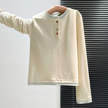 Design-Conscious, Unique Style, Henry Collar Long-Sleeve T-Shirt for Women, Autumn and Winter, Color-Blocking, Fake Two-Piece, Very Stylish Top