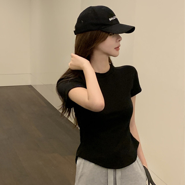 Hot Girl Black Short-Sleeved T-Shirt for Women Summer New Korean Style Slim Fit Irregular Round Neck Curved Hem Top Short Style