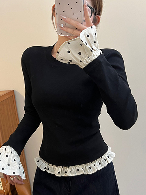Color-Blocked Faux Two-Piece Polka Dot Lace Bell-Sleeve T-Shirt for Women, Spring Long-Sleeve Slim-Fit High-End Niche Unique Top