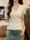 Gentle Korean-Style V-Neck Waist-Cinching Short-Sleeve Blouse for Women, Summer White Simple Fashion Slim-Fit Ribbed Elegant Top