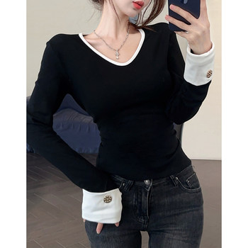 Korean Style Pure Desire Style Color-Block V-Neck Long-Sleeve T-Shirt for Women 2025 Winter Unique Shirt Sleeve Top Brushed Warm Base Layer Shirt