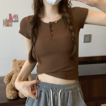 Spicy Girl Button-Up V-Neck Collarbone-Exposing Short-Sleeve T-Shirt for Women, New Summer Style, Petite Slim-Fit Short Top ins