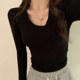 Basic Gray U-Neck Regular Shoulder Long-Sleeve T-Shirt for Women, Early Autumn New Korean Style Slim-Fit Short Versatile Top
