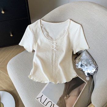 Summer 2025 New Design Lace Splicing Sweet Summer V-Neck T-Shirt for Women, Short Slim Fit Slimming Bm Top