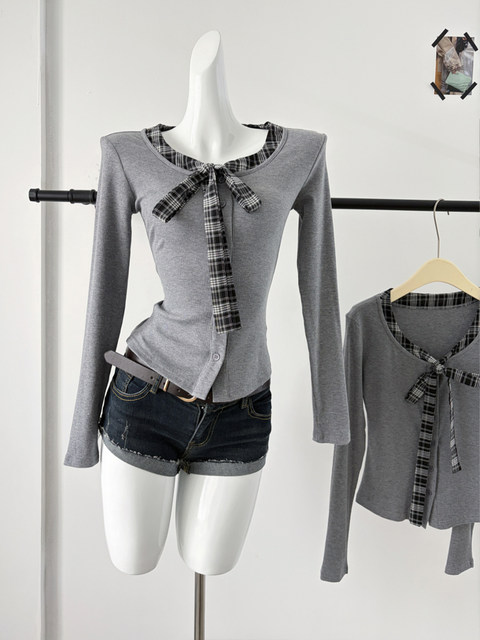 Gray High-End Faux Two-Piece Plaid Patchwork Blouse for Women, New Spring and Autumn Style with Bow Tie and Unique V-Neck Top