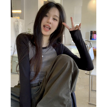 American-Style Spicy Girl Raglan Long-Sleeve T-Shirt for Women, 2024 Autumn New Color-Blocked Round Neck Tight-Fitting Versatile Base Shirt Top ins