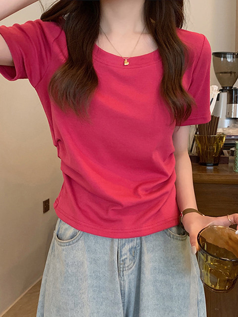 Summer 2025 New Korean Style Candy-Colored High-Waisted Short-Sleeved T-Shirt for Women with Irregular Design Short Top ins