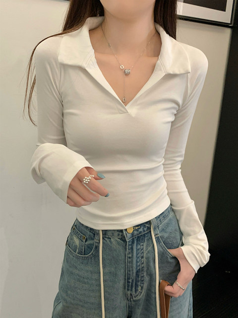Pure and Elegant Polo Collar Slim-Fit Long-Sleeve T-Shirt for Women, 2025 Autumn, Solid Color Design, Simple and Versatile Short Top ins