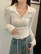 Pure and Elegant Polo Collar Slim-Fit Long-Sleeve T-Shirt for Women, 2025 Autumn, Solid Color Design, Simple and Versatile Short Top ins