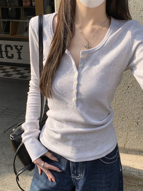 Half-Open Collar, Fashionable and Versatile, Long-Sleeved T-Shirt for Women, 2025 Autumn, Button Design, Inner Wear Pullover Base Shirt