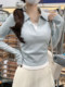 Korean Style Sweet and Elegant Slim-Fit Long-Sleeve T-Shirt for Women, 2026 Spring High-End Faux Two-Piece Color-Block Polo Collar Top