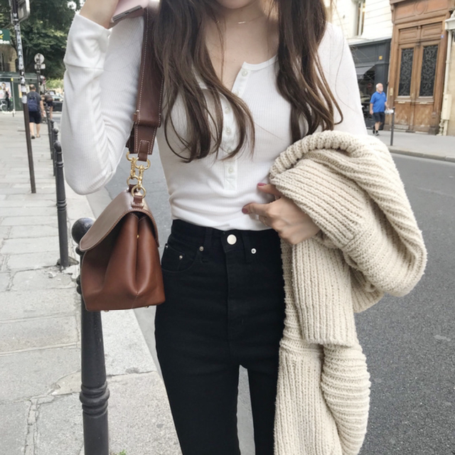 2025 Autumn Korean Style Base Shirt Half-Open Collar Chic Top Ribbed Solid Color Long Sleeve T-Shirt Women's Slim Fit Top