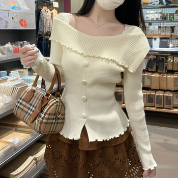French-Style Gentle Apricot-Colored Knit Sweater for Women, New Autumn and Winter Model with Ruffled Off-The-Shoulder Neckline, High-End Niche Design That Won'T Clash with Other Outfits