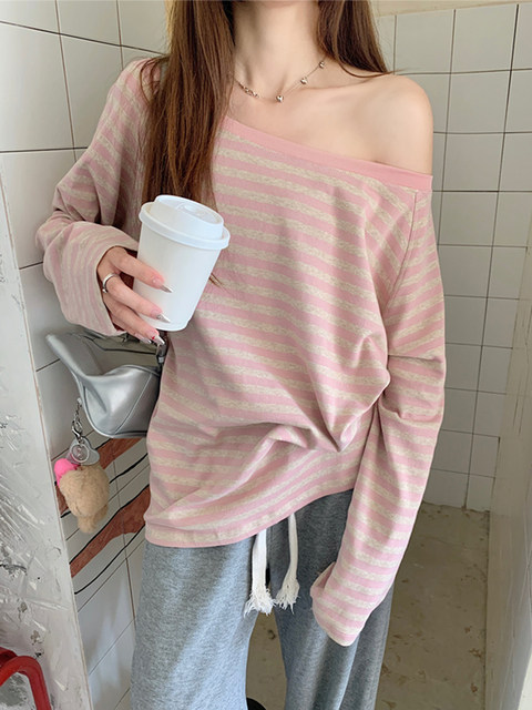 Korean Style Loose Striped T-Shirt for Women 2025 Autumn Sexy Off-Shoulder Mid-Length Long-Sleeve Top