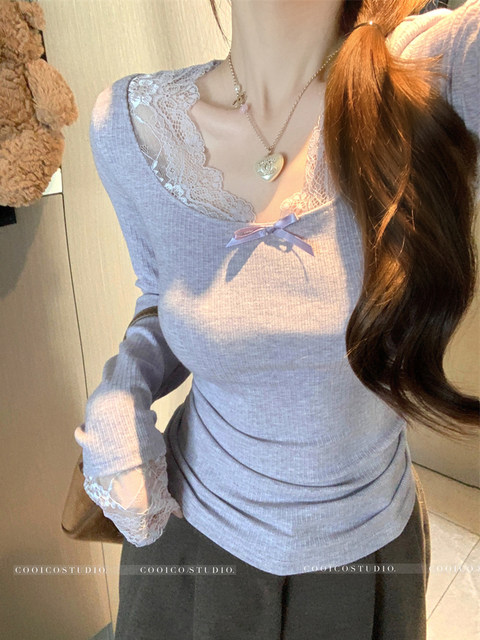 French-Style High-End Lace Patchwork Base Shirt for Women, 2025 Autumn and Winter, Purple, Pure Desire Style, Unique and Beautiful Long-Sleeve T-Shirt