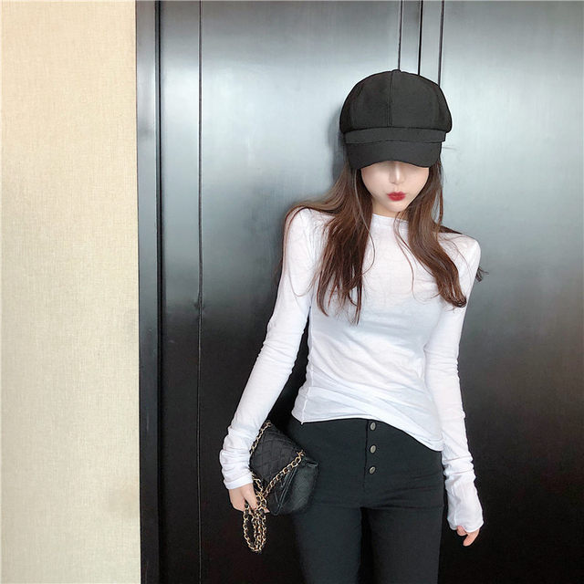 Solid Color Long-Sleeve T-Shirt for Women, 2024 Autumn New Korean Style, Round Neck, Ruffled Sleeves, Slim Fit, Slightly Sheer Base Shirt Top ins