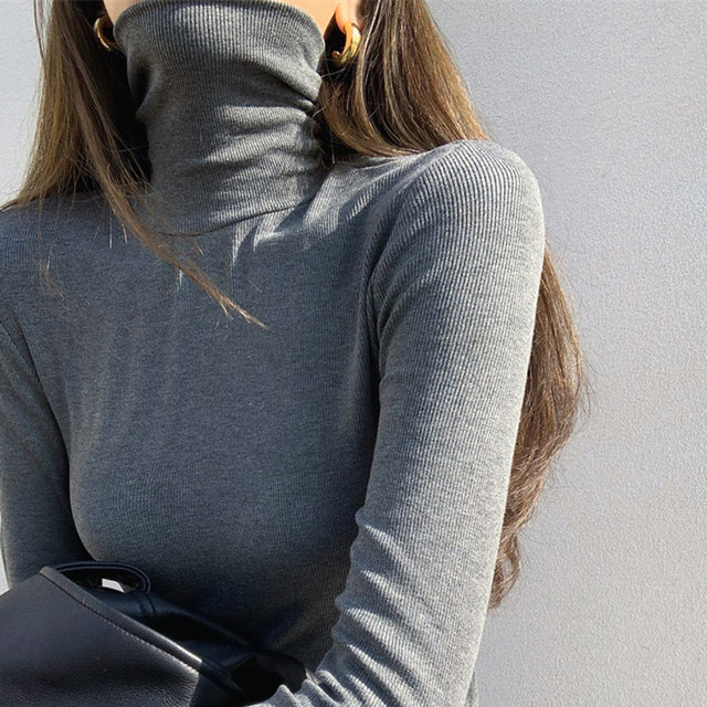Basic European-Style Turtleneck Base Shirt for Women, New Autumn and Winter Korean Version, Slim Fit, Warm, Brushed Gray Long-Sleeve T-Shirt ins