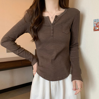 Korean Style Bamboo Cotton V-Neck Long-Sleeve T-Shirt for Women, New Autumn Design with Unique Curved Hem, Slim Fit and Flattering Base Shirt