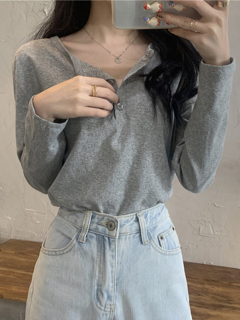 Korean Style Half-Open Collar Gray Long-Sleeve T-Shirt for Women, Early Spring New Style, Simple Casual Loose Fit, Regular Shoulder, Versatile Base Shirt ins