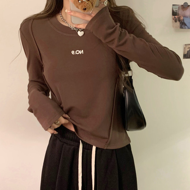 Korean Style Three-Dimensional Letter Round Neck Long-Sleeve Base Shirt for Women, New Autumn and Winter Unique Brushed Slim-Fit Short Top