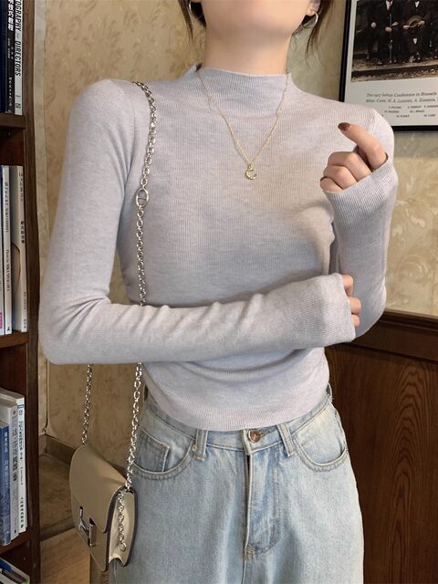 Half-Turtleneck Solid Color Versatile Long-Sleeve Base Sweater for Women, 2025 Autumn and Winter Design with Pleated Curved Hem Short Top