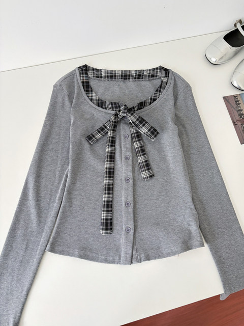 Gray High-End Faux Two-Piece Plaid Patchwork Blouse for Women, New Spring and Autumn Style with Bow Tie and Unique V-Neck Top