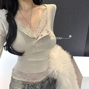 2026 Spring New Korean Style Hot Girl V-Neck Slimming Top Women's Lace Patchwork Unique Beautiful Blouse Long Sleeve T-Shirt