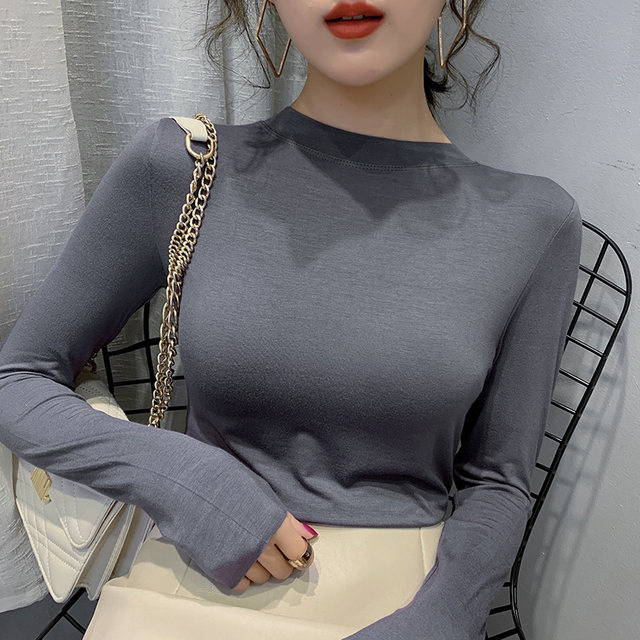 Half Turtleneck Base Shirt for Women 2024 Autumn New Basic Style Slim Fit Stylish Small Stand Collar Long Sleeve T-Shirt Women's Top