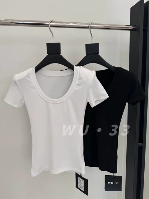 Trendy U-Neck High-Stretch Short-Sleeve T-Shirt for Women, New Summer Style, Sexy, Versatile, Simple, Pure Desire, Shoulder Pad Top