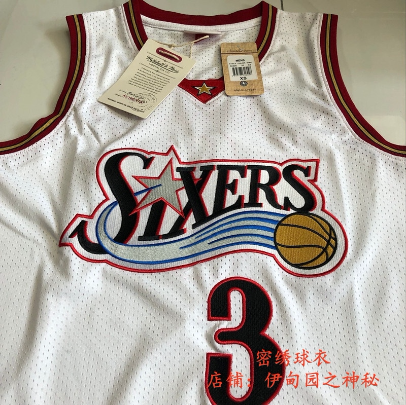 Fully Embroidered Version of the 76Ers No. 3 Iverson Jersey, Classic Mesh Retro American Sports Basketball Uniform, Black and White