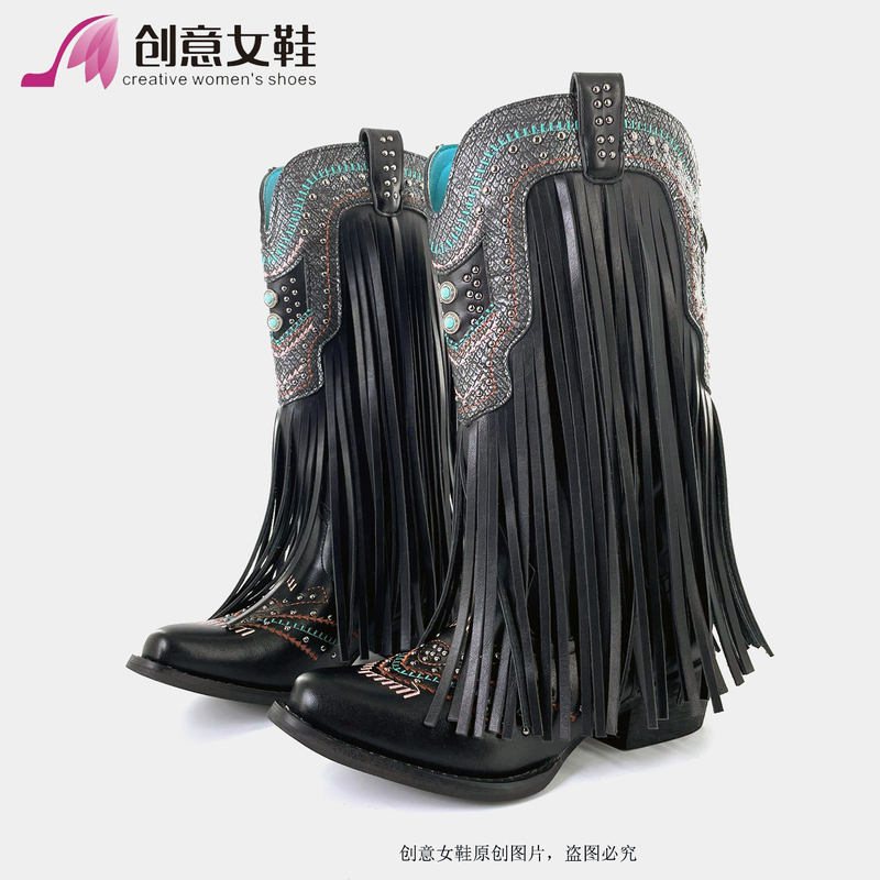 Niche Design Pointed-Toe Embroidered Western Cowboy Boots for Women, Vintage Ethnic Style Tassel Studded Chunky Heel Riding Boots, Large Size