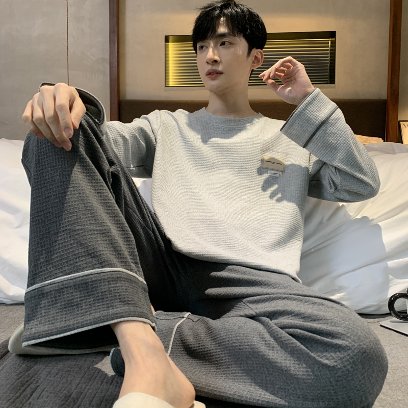 Men's Pajamas, Spring and Autumn Style, Long-Sleeved, Pure Cotton, Can Be Worn Outside, Autumn and Winter Home Wear, Boys' 2026 New Waffle Set