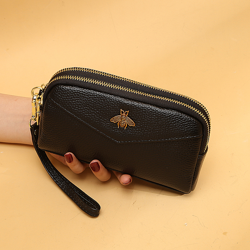 The leather double zip wallet woman 2021 new headskin soft skin long large capacity mobile phone bag bag woman