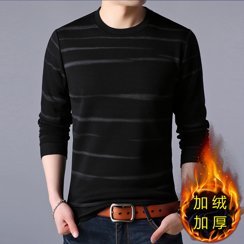 天天特价青年加厚卫衣男纯棉冬装圆领加绒保暖潮长袖t恤大码条纹