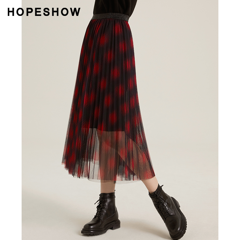 Red sleeve hopeshow skirt women's winter new plaid long pleated mesh skirt