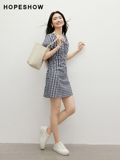 Vestido a cuadros Retro de manga roja, novedad de verano 2025, vestido de estilo sin contraste con manga abombada y cuello de diamante para mujer