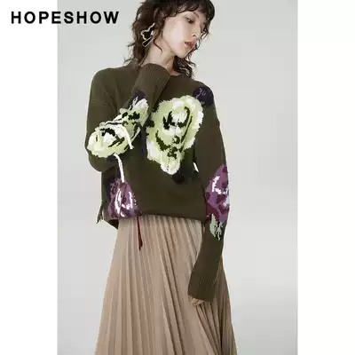 Red Sleeve hopeshow Sweater Women's Winter New Jacquard Round Neck Pullover Wool Knitting