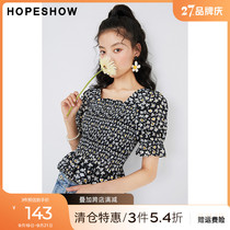 Red sleeves hopeshow black chiffon summer new womens crossover straps sweeping square collar floral top