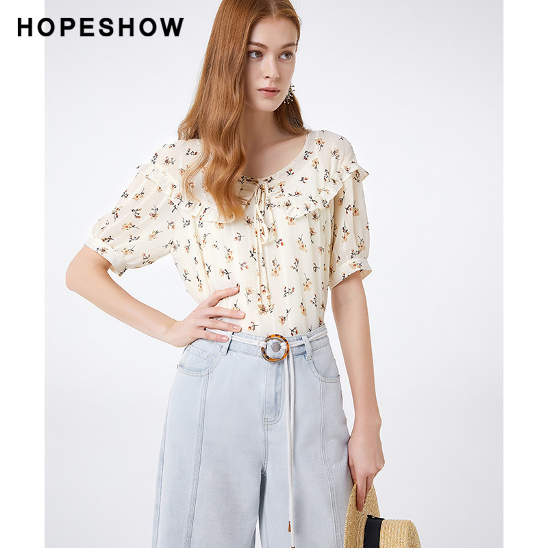 Red-sleeved hopeshow pullover top summer new women's lace-up ruffled five-point sleeve floral chiffon top