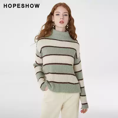 Red Sleeve Shopping Mall Same Sweater Women's hopeshow Winter New Turtleneck Green Stripe Vintage Knit