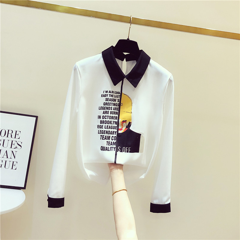 Korea 2021 Spring Autumn New Printed White Snowspinning Shirt Woman Foreign Style Fashion Long Sleeve Design Sensation Niche Shirt
