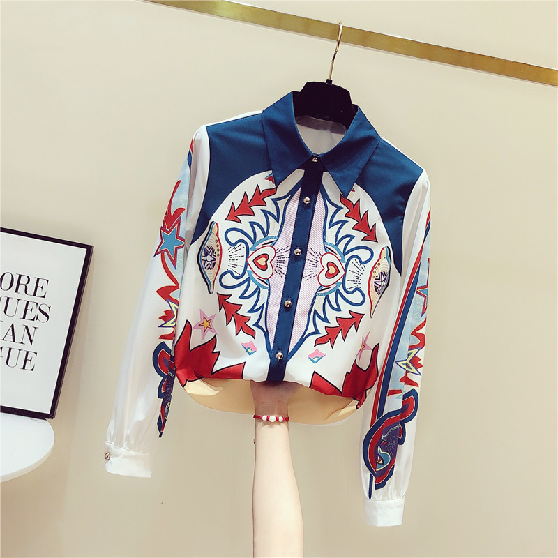 Korea 2021 Spring Autumn New Printed Snowspinning Shirt Woman Fashion Foreign Pie Design 100 Little Crowd 100 Hitch Long Sleeve Blouse