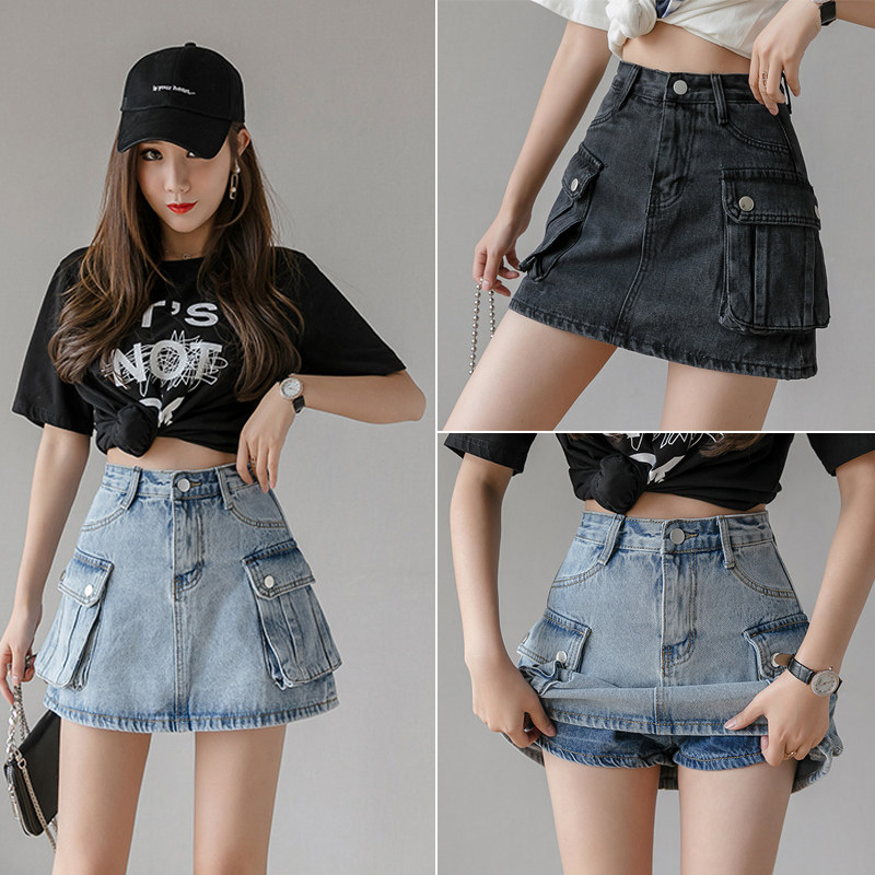 Korean denim short skirt women's 2020 new summer thin section Hong Kong style Japanese high waist a-line skirt tooling skirt cool