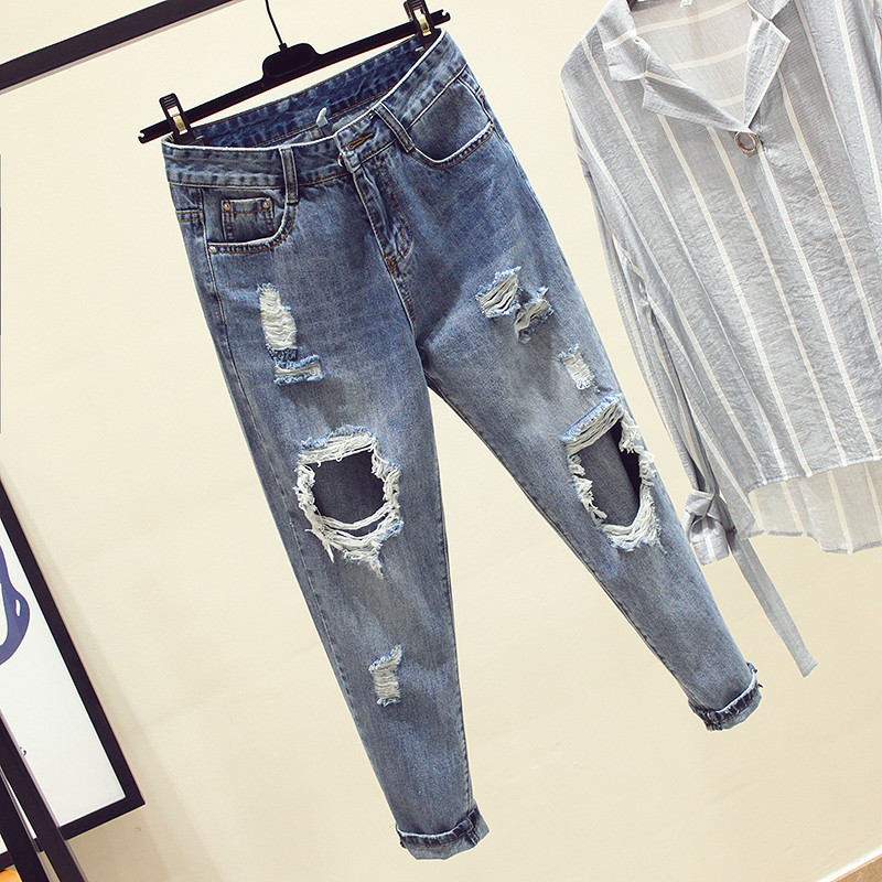 Korean loose ripped jeans women's spring new Korean version high waist thin beggar straight tube nine points daddy pants tide