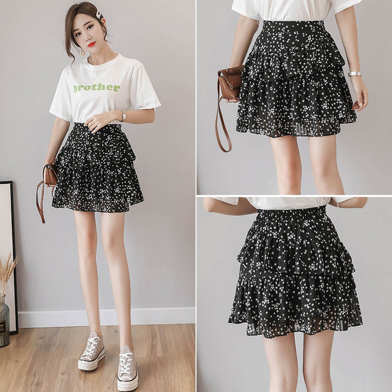 South Korea 2020 summer new Korean version high waist irregular chiffon skirt female ruffled cake skirt short skirt