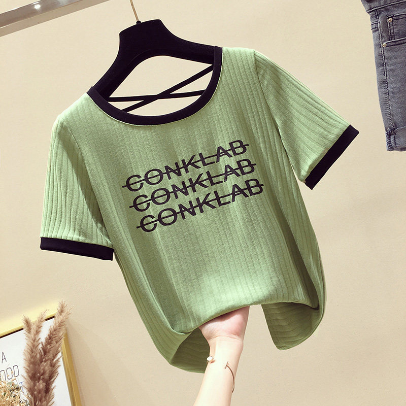 Korean Bull Oil Fruits Green Ice Silk Short Sleeves Women 2020 Xia's new loose Han version Heart Machine Reveal Back T-shirt Short blouses