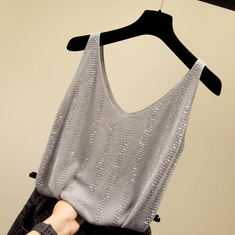 South Korea's sexy slim V-neck camisole female heavy industry hot drill ice silk thin section Western style sleeveless top for summer