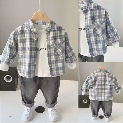 Autumn new boy blue plaid long sleeve shirt 2021 spring and autumn children's shirt children's baby coat coat